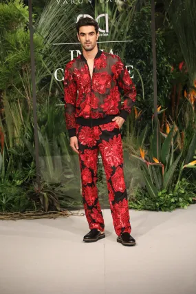 Red On Black Floral Bomber Jacket Set
