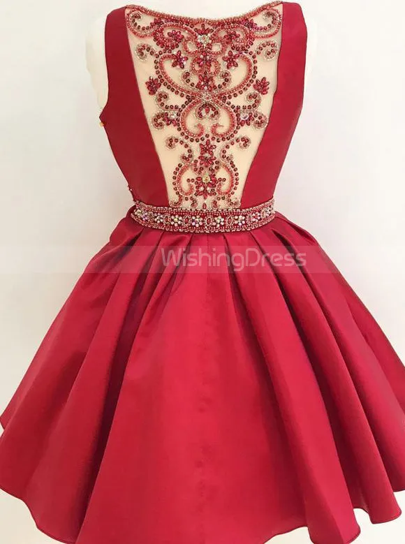 Red Satin Homecoming Dresses,Short Prom Dress with Beaded Back,HC00171