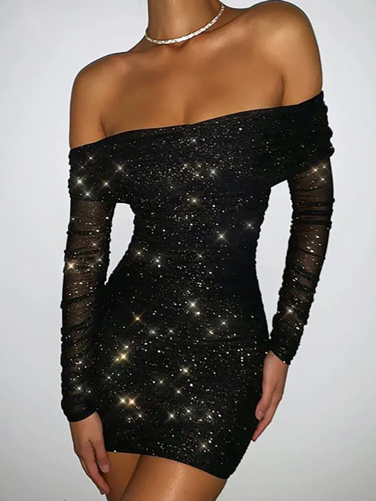 Rhinestone Mesh Patchwork Off Shoulder Ruched Mini Dresses