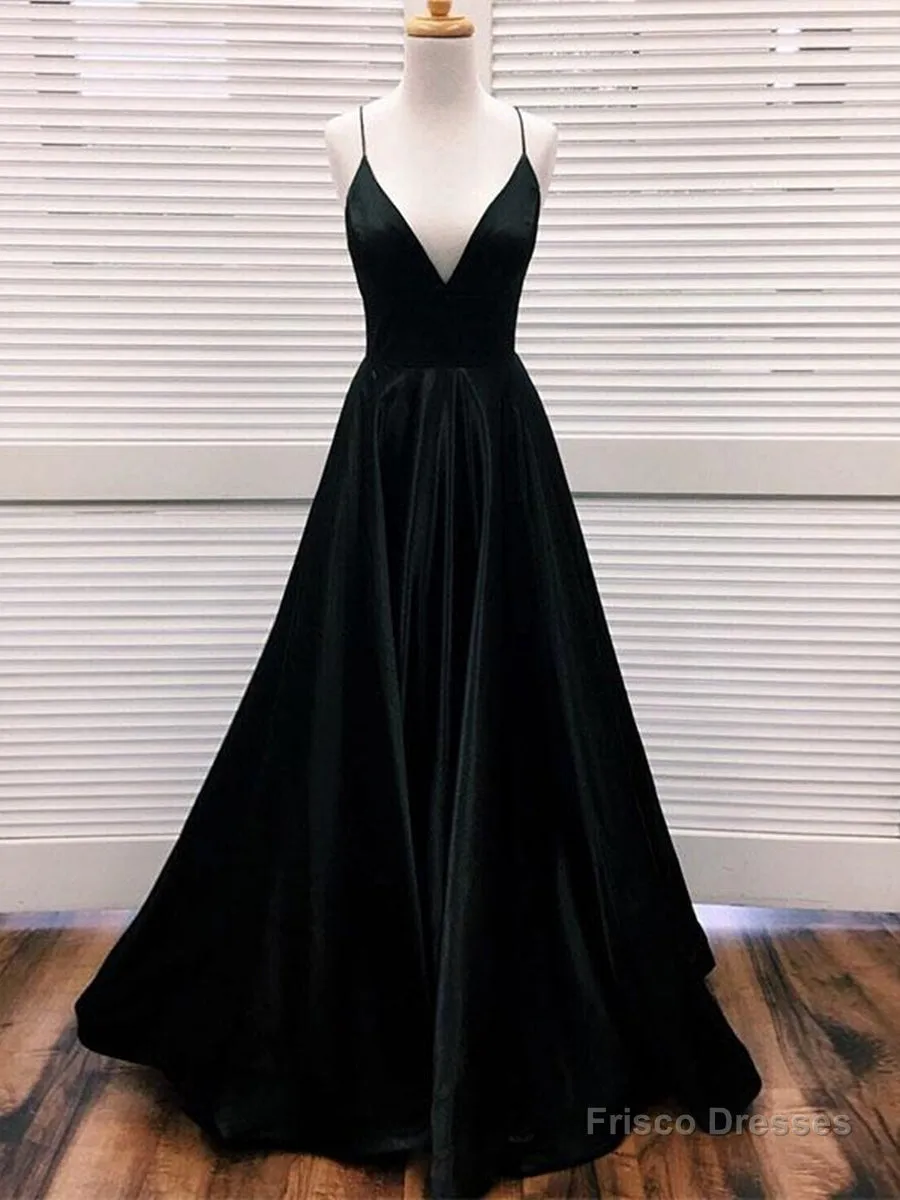 Simple A Line V Neck Black Satin Long Prom Dresses, Black Formal Dresses, Evening Dresses 2019