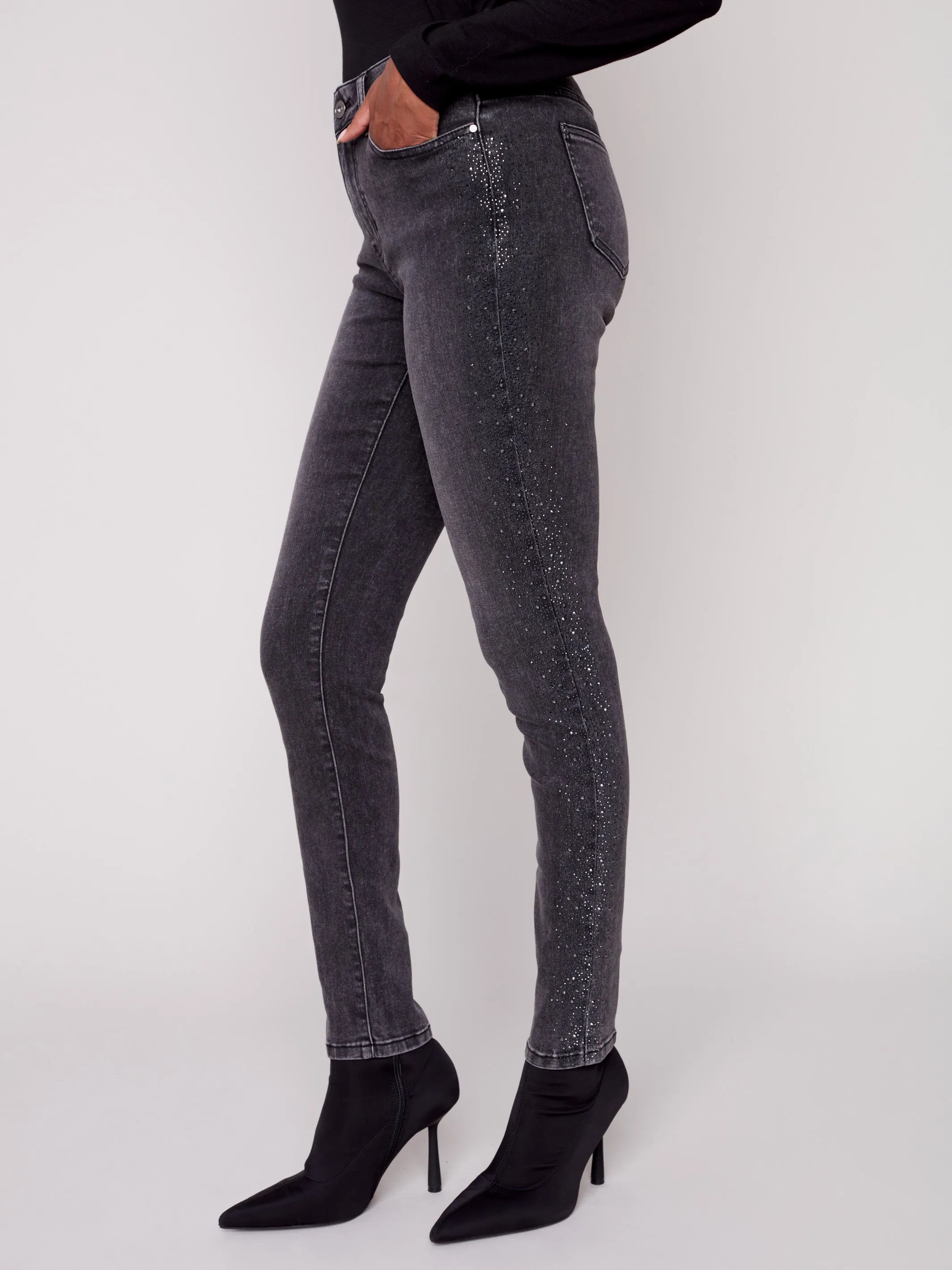 Skinny Jeans with Rhinestones - Charcoal