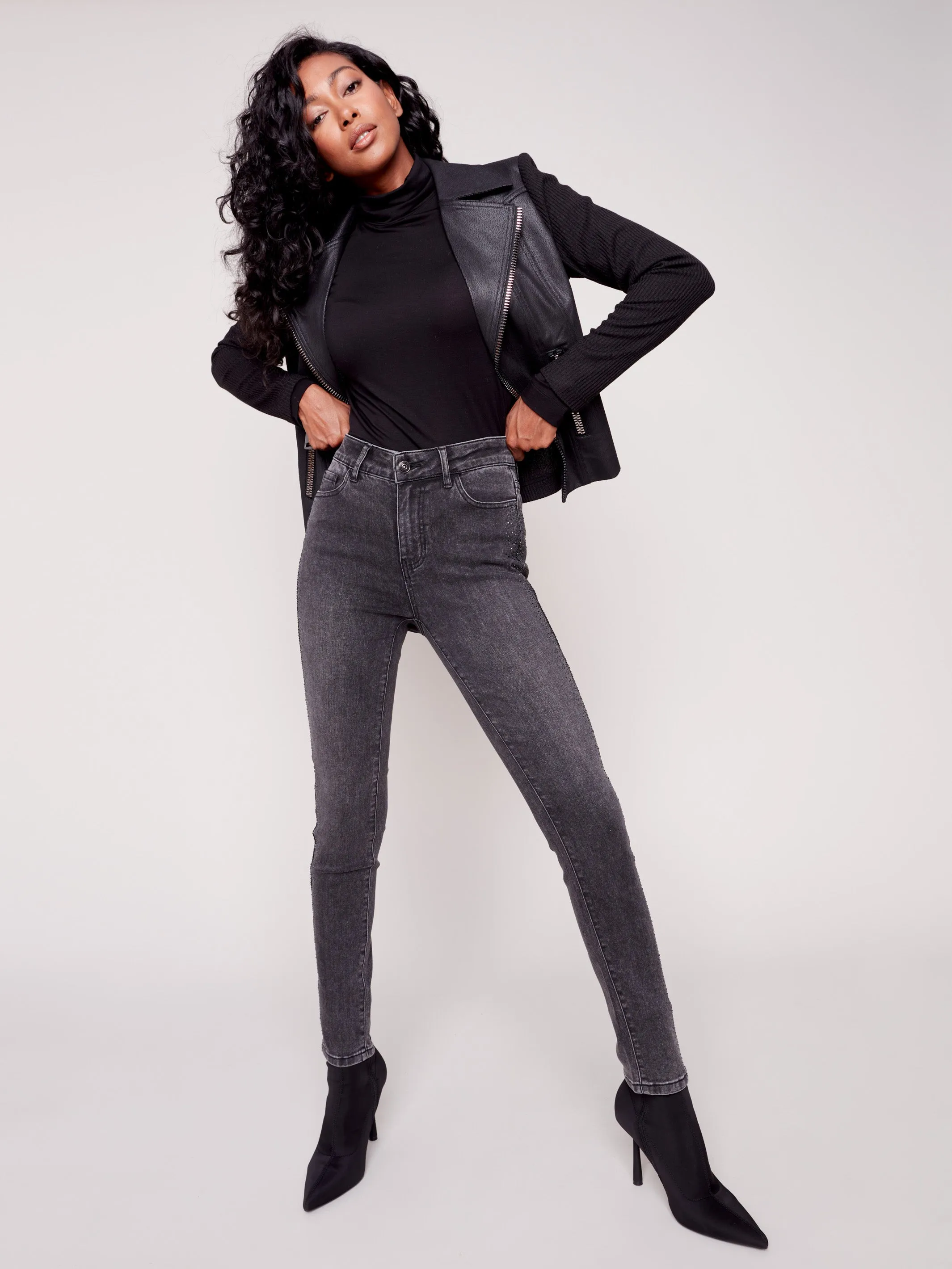 Skinny Jeans with Rhinestones - Charcoal