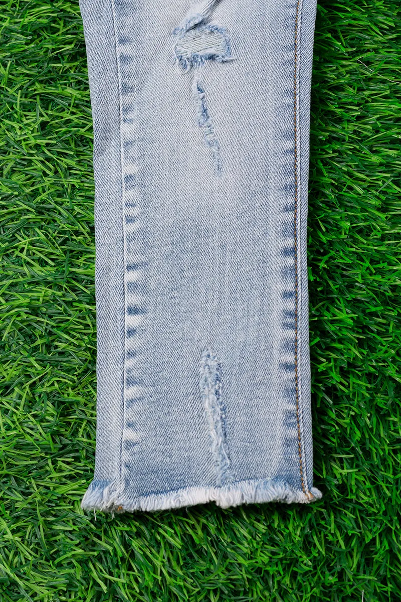 Super stretchy light blue skinny jeans w/distressed hem. PNG25153020-WENDY