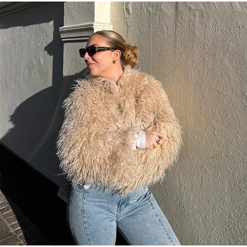 UAKISS  -  Street Loose Faux Fur Coat Women Long Curly Furry O-Neck Long Sleeve Loose Warm Jackets 2024 New Solid Winter Fashion Outerwear