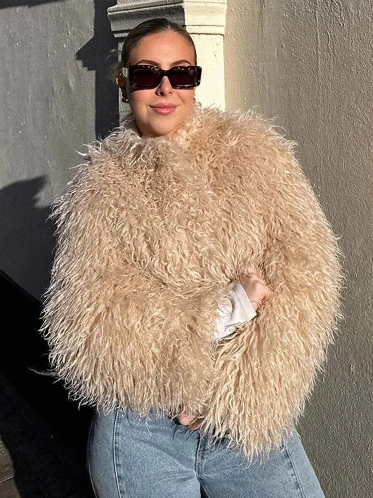 UAKISS  -  Street Loose Faux Fur Coat Women Long Curly Furry O-Neck Long Sleeve Loose Warm Jackets 2024 New Solid Winter Fashion Outerwear