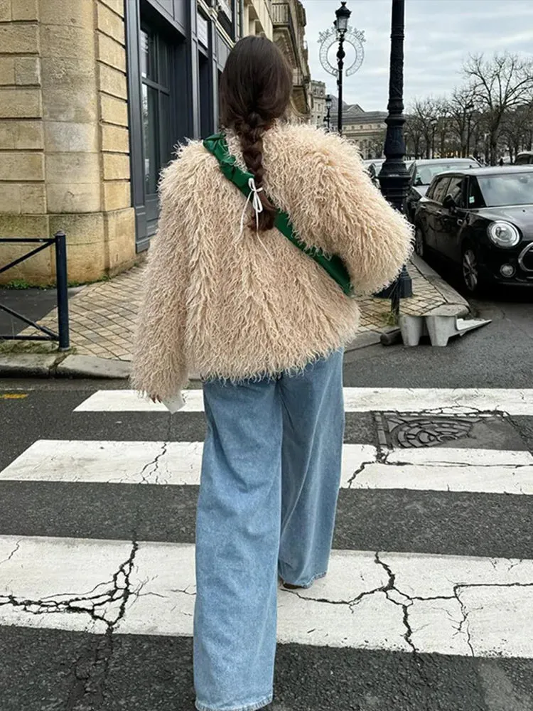 UAKISS  -  Street Loose Faux Fur Coat Women Long Curly Furry O-Neck Long Sleeve Loose Warm Jackets 2024 New Solid Winter Fashion Outerwear