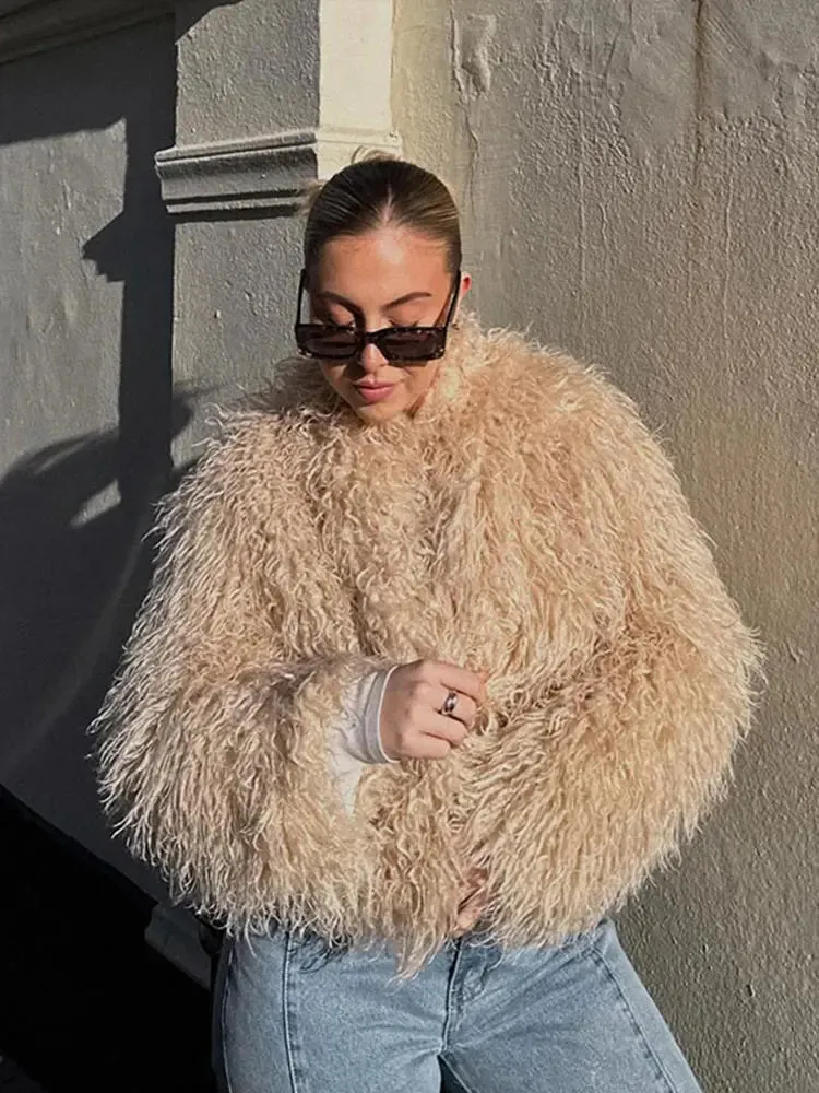 UAKISS  -  Street Loose Faux Fur Coat Women Long Curly Furry O-Neck Long Sleeve Loose Warm Jackets 2024 New Solid Winter Fashion Outerwear