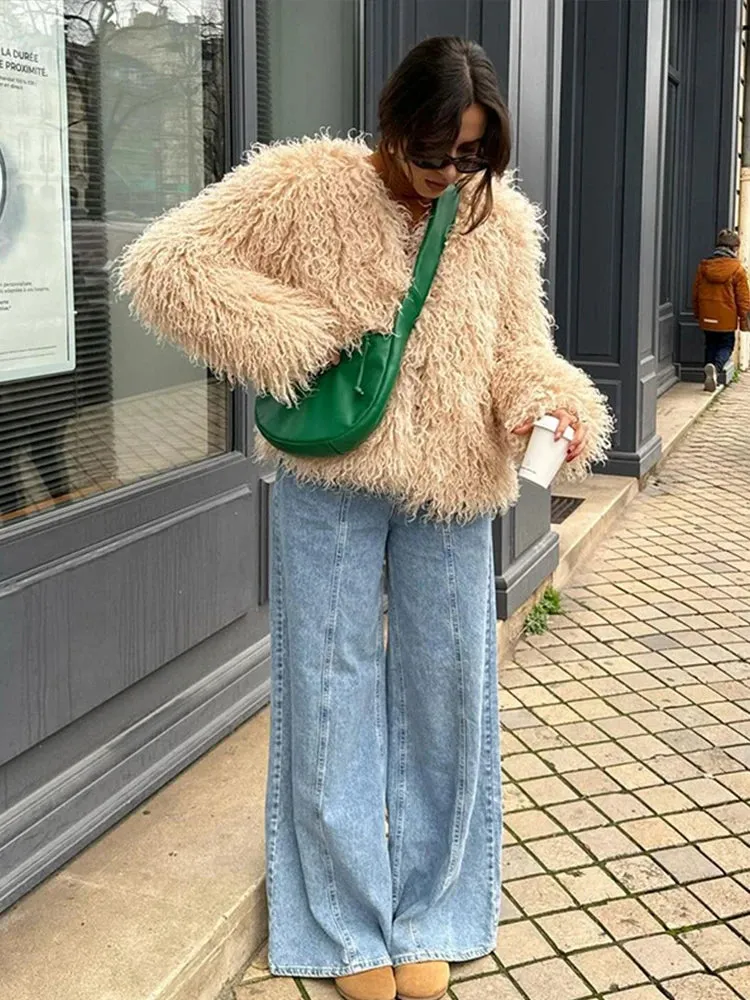 UAKISS  -  Street Loose Faux Fur Coat Women Long Curly Furry O-Neck Long Sleeve Loose Warm Jackets 2024 New Solid Winter Fashion Outerwear