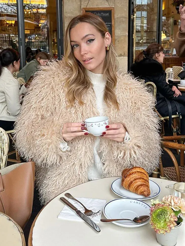 UAKISS  -  Street Loose Faux Fur Coat Women Long Curly Furry O-Neck Long Sleeve Loose Warm Jackets 2024 New Solid Winter Fashion Outerwear