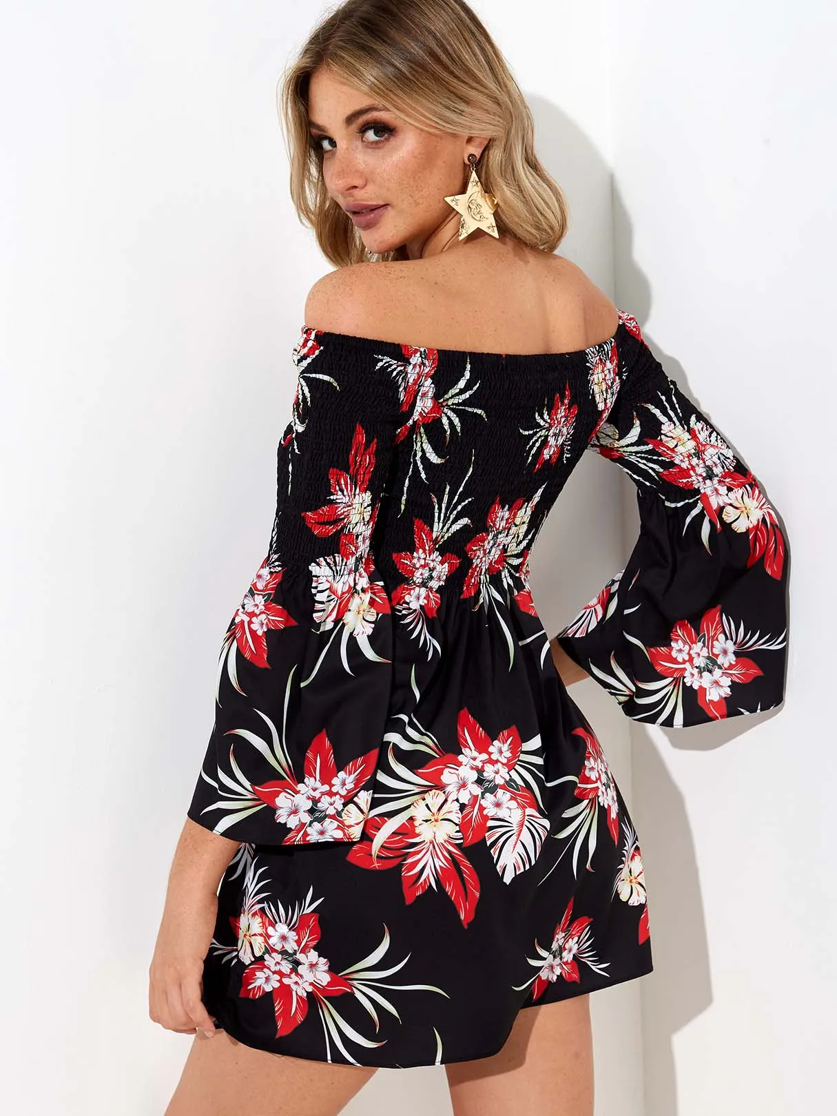 Wholesale Black Off The Shoulder 3/4 Length Sleeve Floral Print Mini Dress