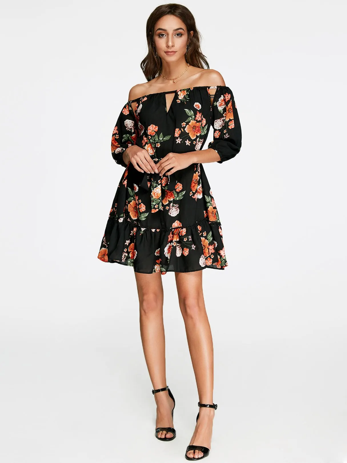 Wholesale Off The Shoulder 3/4 Sleeve Floral Print Lace-Up Cut Out Flounced Hem White Mini Dress