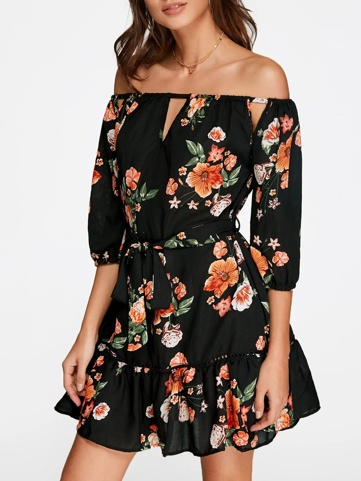 Wholesale Off The Shoulder 3/4 Sleeve Floral Print Lace-Up Cut Out Flounced Hem White Mini Dress