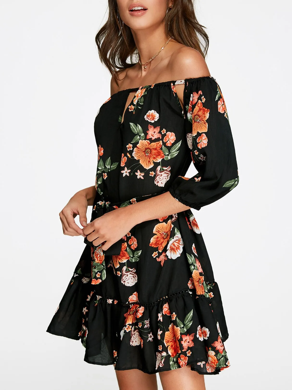 Wholesale Off The Shoulder 3/4 Sleeve Floral Print Lace-Up Cut Out Flounced Hem White Mini Dress