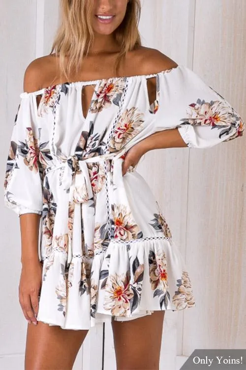 Wholesale Off The Shoulder 3/4 Sleeve Floral Print Lace-Up Cut Out Flounced Hem White Mini Dress