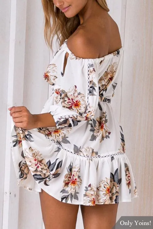 Wholesale Off The Shoulder 3/4 Sleeve Floral Print Lace-Up Cut Out Flounced Hem White Mini Dress