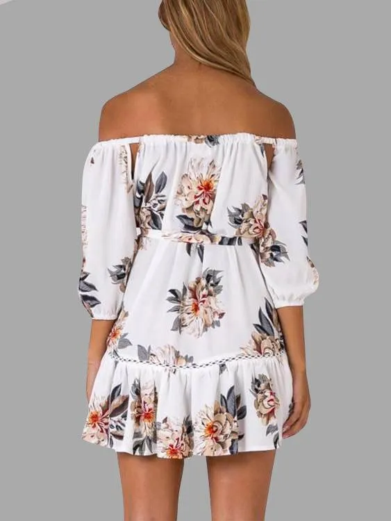 Wholesale Off The Shoulder 3/4 Sleeve Floral Print Lace-Up Cut Out Flounced Hem White Mini Dress