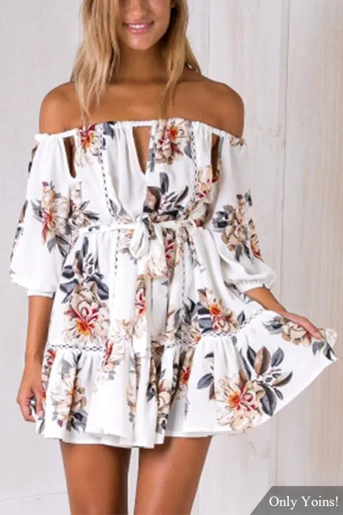 Wholesale Off The Shoulder 3/4 Sleeve Floral Print Lace-Up Cut Out Flounced Hem White Mini Dress