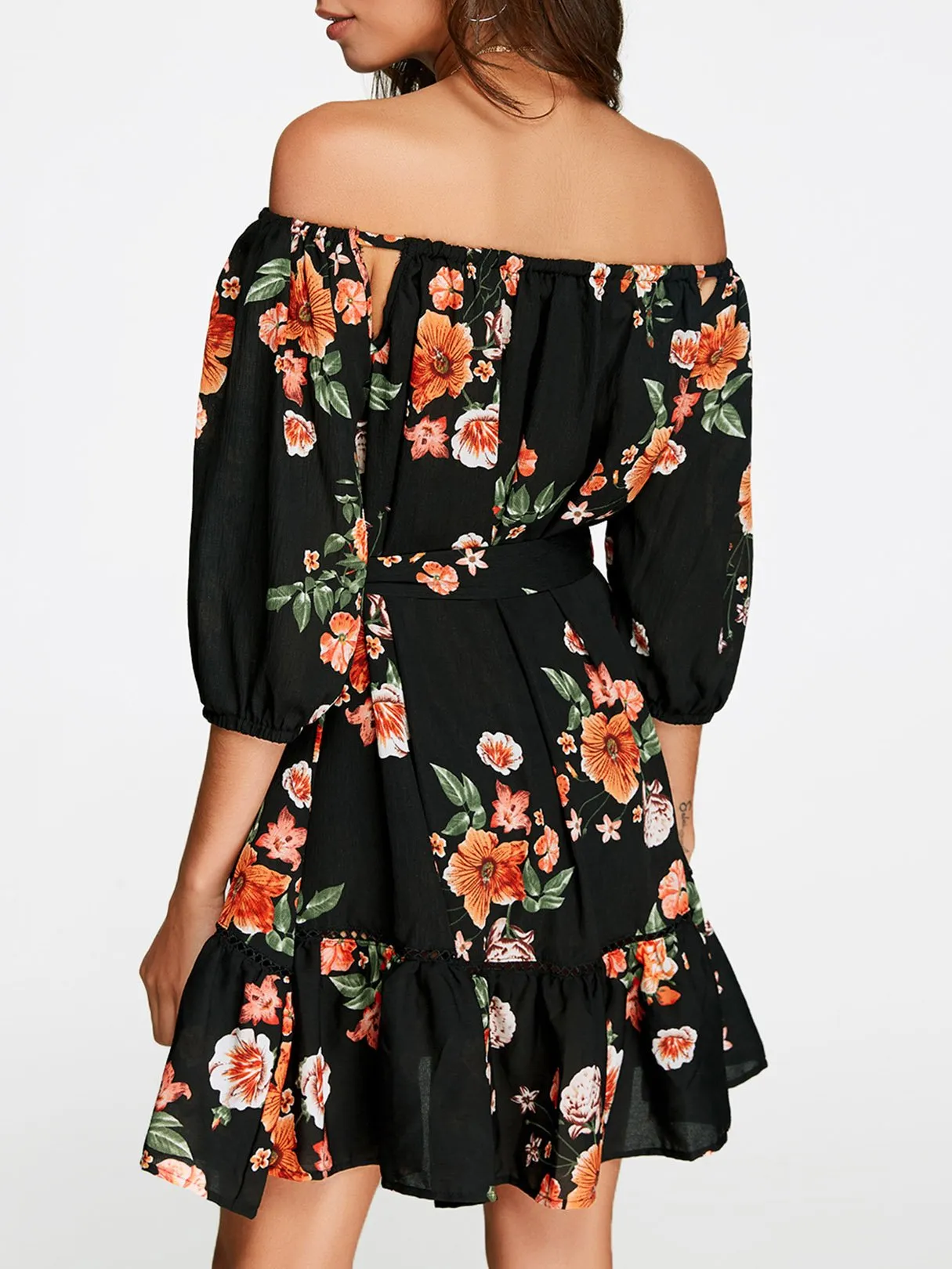 Wholesale Off The Shoulder 3/4 Sleeve Floral Print Lace-Up Cut Out Flounced Hem White Mini Dress