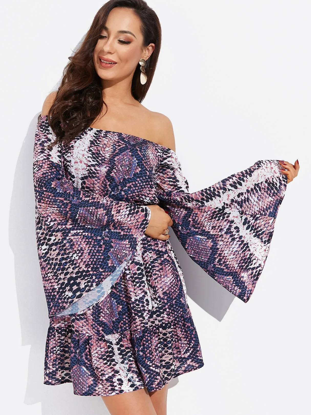 Wholesale Purple Off The Shoulder Long Sleeve Snake Mini Dress