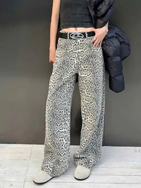 Y2k Vintage Leopard Print Loose Women Jeans Straight High Waist Jeans